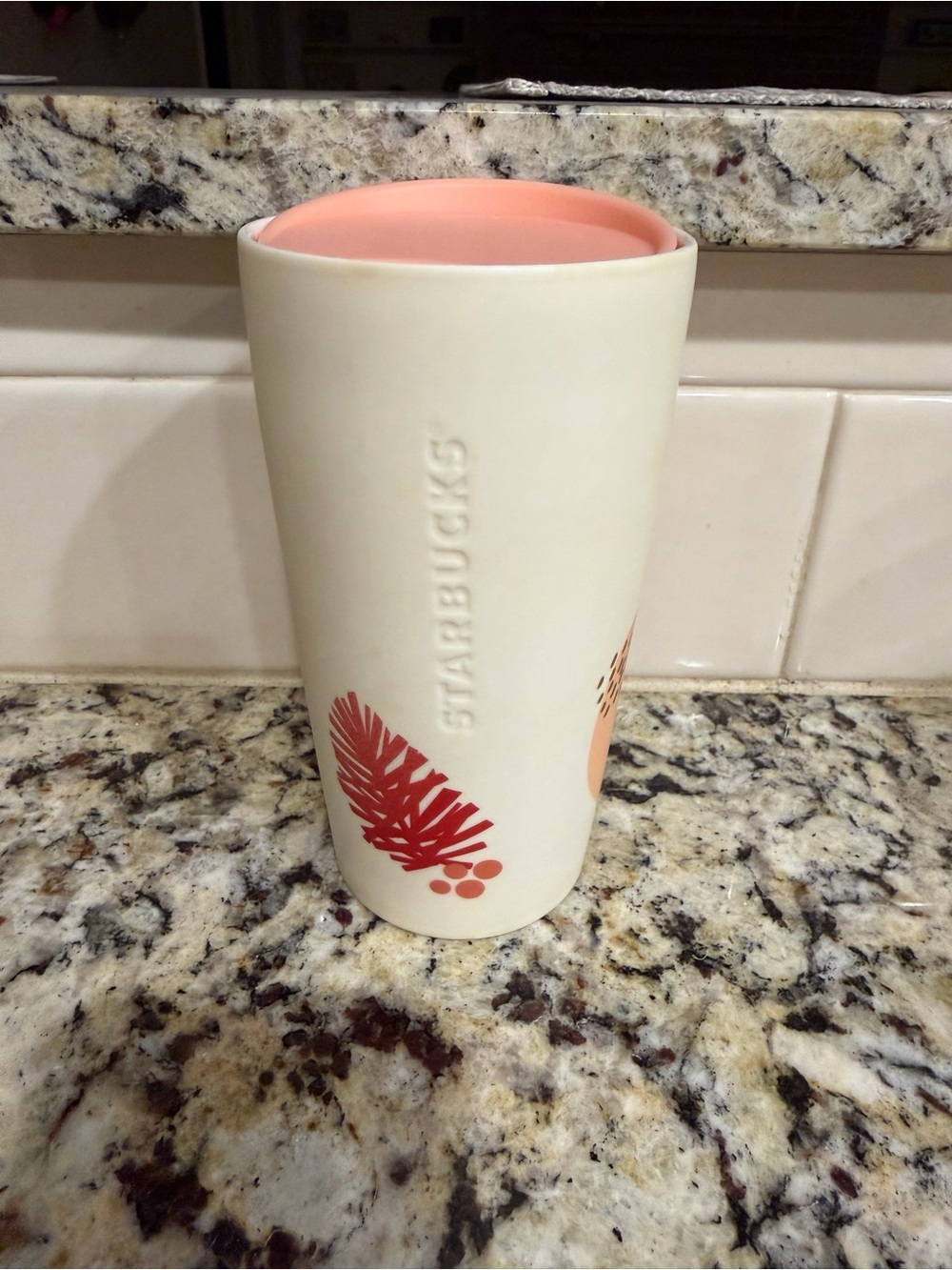 Starbucks Cream Ceramic Mug with Coral Interior and Red Leaf Accents